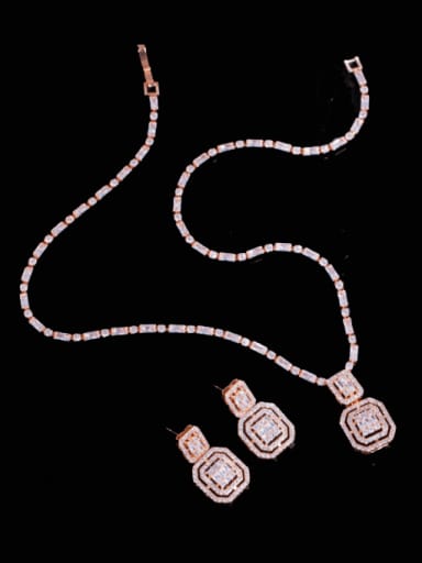 Rose Gold Brass Cubic Zirconia Luxury Geometric  Earring and Necklace Set