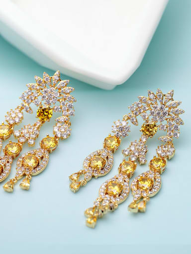gold T09H02 Copper  Luxury Cubic Zirconia Flower Chandelier Earring