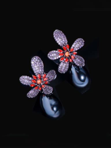 Gun black Brass Cubic Zirconia Flower Dainty Cluster Earring