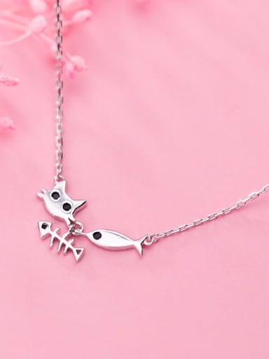 925 Sterling Silver Fashion cute cat fish pendant Necklace