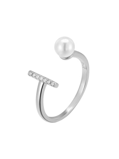 Platinum 925 Sterling Silver Imitation Pearl Geometric Minimalist Band Ring