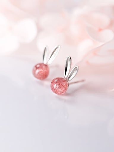 925 Sterling Silver  Cute Strawberry Crystal Moonstone rabbit  Stud Earring