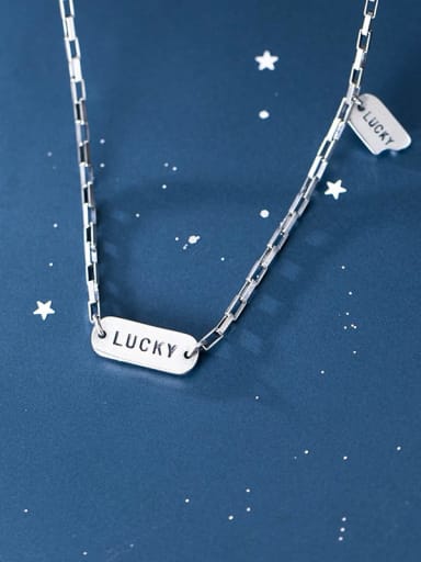 925 Sterling Silver Simple fashion letters LUCKY square Necklace