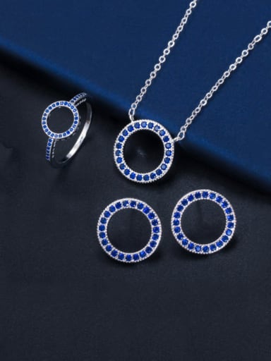 Size 6 blue three piece set Brass Cubic Zirconia Luxury Round  Earring and Necklace Set