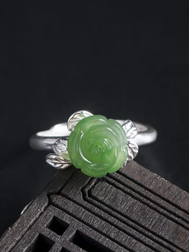custom 925 Sterling Silver Jade Flower Vintage Band Ring