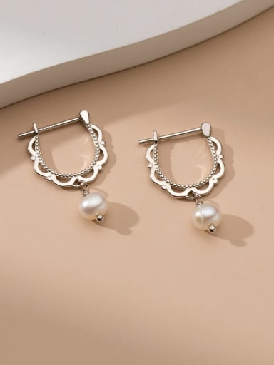 925 Sterling Silver Imitation Pearl Geometric Minimalist Huggie Earring