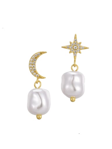 925 Sterling Silver Cubic Zirconia Asymmetrical Star Moon Pearl Earrings