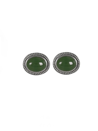 Earrings (pair) 925 Sterling Silver Jade Oval Vintage Band Ring