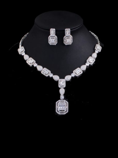 Platinum 2-piece set Brass Cubic Zirconia  Luxury Geometric Earring and Necklace Set