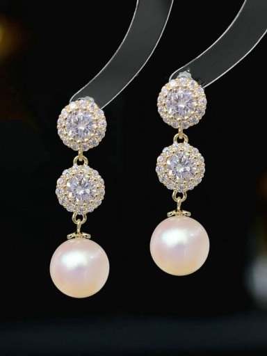 Gold +white pearls Brass Cubic Zirconia Flower Minimalist Drop Earring