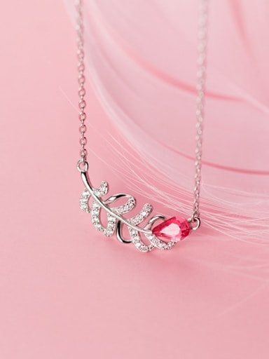925 Sterling Silver Pink Cubic Zirconia Feather pendant Necklace
