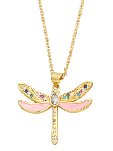 Pink Brass Cubic Zirconia Enamel Dragonfly Vintage Necklace