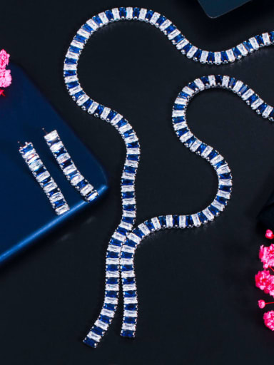 blue Brass Cubic Zirconia  Luxury Tassel Earring and Necklace Set