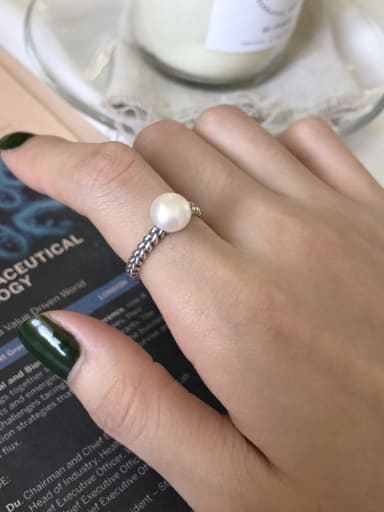 925 Sterling Silver Imitation Pearl Vintage Woven Free Size Midi Ring