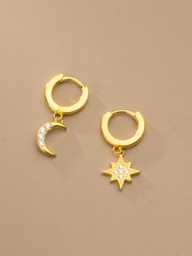 925 Sterling Silver Cubic Zirconia Asymmetrical Star Moon Dainty Huggie Earring