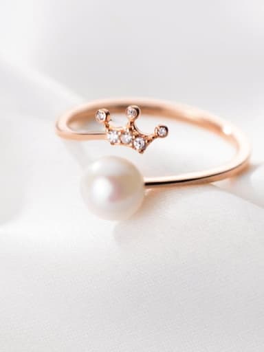 925 Sterling Silver Imitation Pearl Crown Minimalist Band Ring