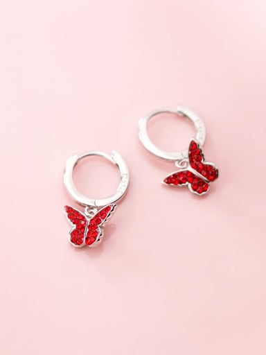 925 Sterling Silver Rhinestone Red Butterfly Cute Huggie Earring