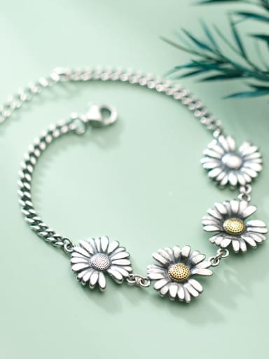 925 Sterling Silver Enamel Flower Vintage Link Bracelet