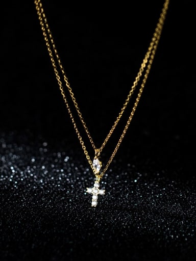 Gold 925 Sterling Silver Cubic Zirconia Cross Dainty Multi Strand Necklace