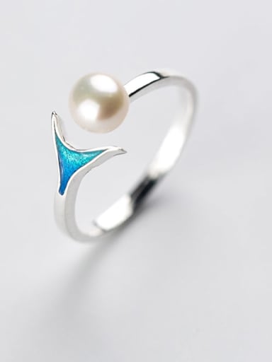 925 Sterling Silver Enamel Imitation Pearl Fish Minimalist Band Ring