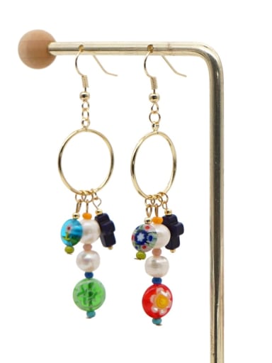 ZZ E200056E Stainless steel Freshwater Pearl Multi Color Glass beads Ethnic Long   Hook Earring