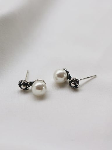 925 Sterling Silver Imitation Pearl White Flower Vintage Stud Earring