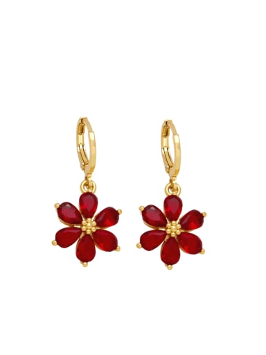 red Brass Cubic Zirconia Flower Minimalist Huggie Earring