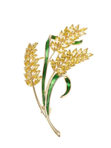 golden Brass Cubic Zirconia Blue Leaf Statement Brooch