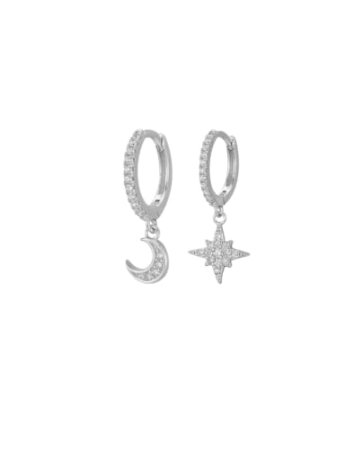 Platinum Star Moon Earrings 925 Sterling Silver Cubic Zirconia Asymmetrical Star Moon Trend Huggie Earring