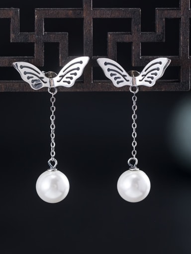 925 Sterling Silver Imitation Pearl Butterfly Vintage Drop Earring