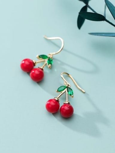 925 Sterling Silver Red Enamel Cute Cute golden cherry Drop Earring