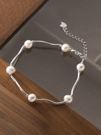 925 Sterling Silver Imitation Pearl Geometric Minimalist Link Bracelet