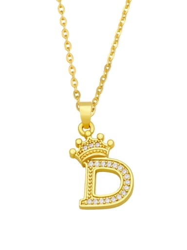 D Brass Cubic Zirconia Crown Vintage  Letter Pendant Necklace