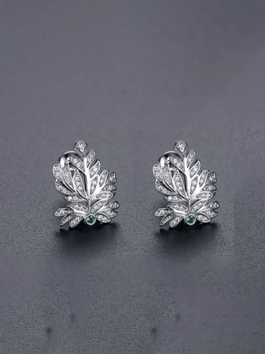 E22091808 Rh Brass Cubic Zirconia Leaf Dainty Stud Earring