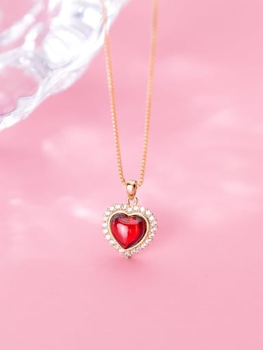 custom 925 Sterling Silver Synthetic Red Agate Heart Shaped Diamond Necklace