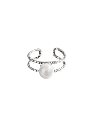 925 Sterling Silver Imitation Pearl Geometric Vintage Stackable Ring