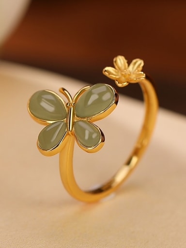 925 Sterling Silver Jade Flower Vintage Band Ring