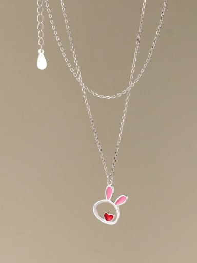 custom 925 Sterling Silver Enamel  Hollow Heart Rabbit Cute Necklace