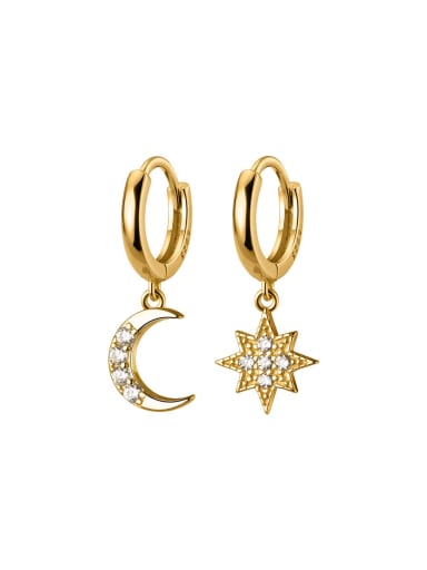 Gold 925 Sterling Silver Cubic Zirconia Asymmetrical  Star Moon Dainty Huggie Earring