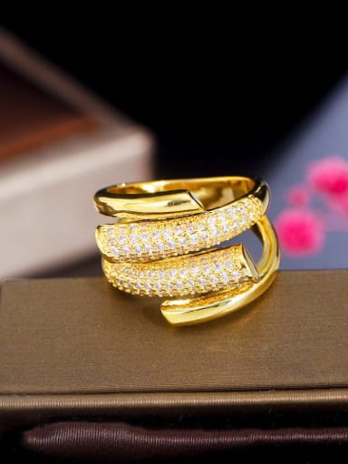 Gold Brass Cubic Zirconia Double Layer Irregular Luxury Ring