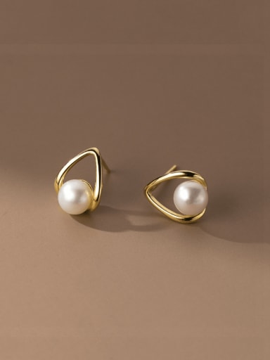 Gold 925 Sterling Silver Imitation Pearl Water Drop Minimalist Stud Earring