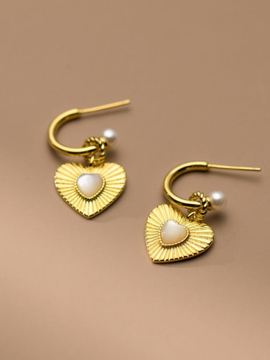 Gold 925 Sterling Silver Imitation Pearl Heart Minimalist Drop Earring