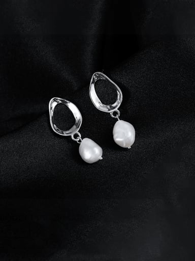 ES2083 ? Platinum ? 925 Sterling Silver Imitation Pearl Geometric Minimalist Drop Earring