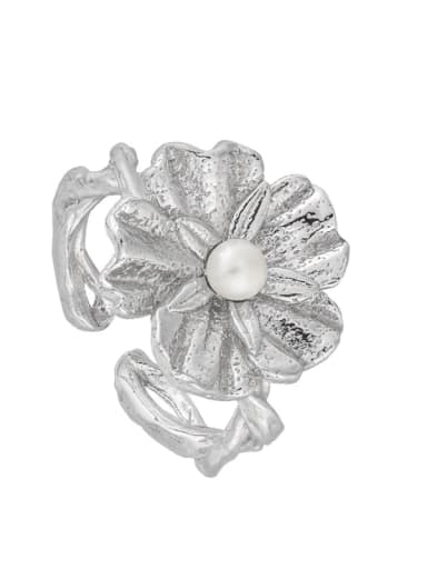 017730 Platinum 925 Sterling Silver Flower Vintage Band Ring