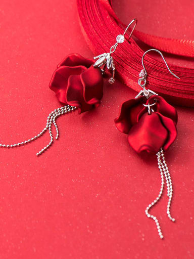 925 Sterling Silver Red Enamel Flower Minimalist Hook Earring