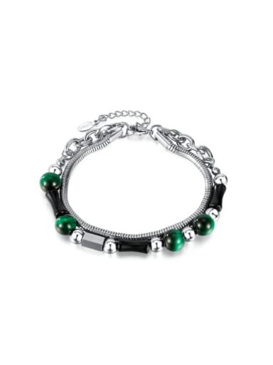 custom Stainless steel Double Layered Green  Tiger Stone and black Bamboo Beaded Bracelet