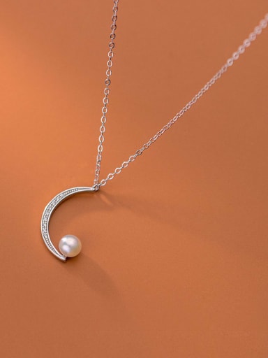 925 Sterling Silver Imitation Pearl Moon Minimalist Necklace