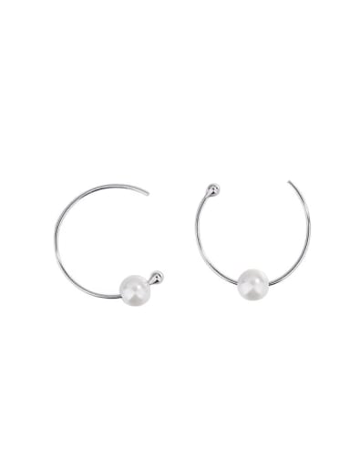 925 Sterling Silver Imitation Pearl Line Geometric Minimalist Hoop Earring