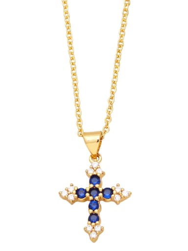 blue Brass Cubic Zirconia Cross Hip Hop Regligious Necklace