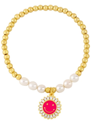 Rose red Brass Imitation Pearl Enamel Smiley Trend Beaded Bracelet